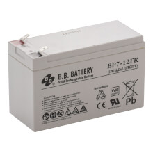 12V 7Ah Batteria, Batteria Piombo-Acido (AGM) ignifugo, B.B. Battery BP7-12FR, VdS, difficilmente infiammabile, 151x65x93 (LxLAxA), Terminale T2 Faston 250 (6,3 mm)