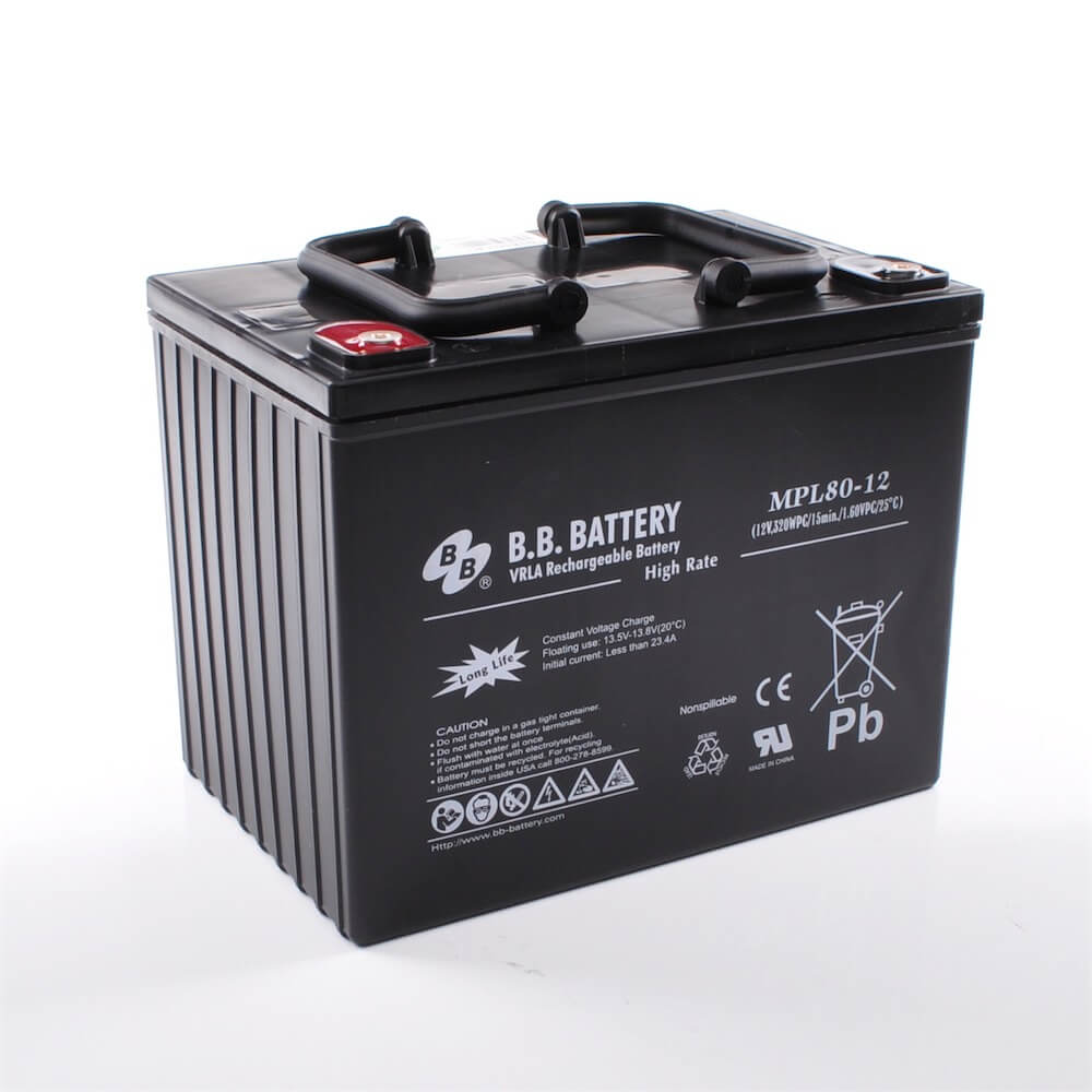 12V 80Ah Batteria, Batteria Piombo-Acido (AGM), B.B. Battery MPL80-12 H,  261x173x200 (LxLAxA), Terminale I2 (